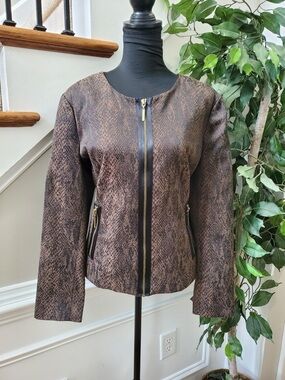 Dana Buchman Brown Snake-Print Zip Front Jacket